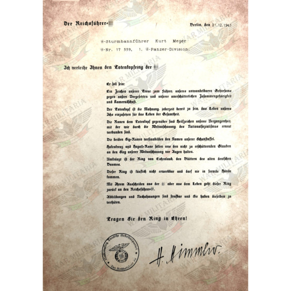 Lettera di Assegnazione del Totenkopfring - Kurt Meyer 1941