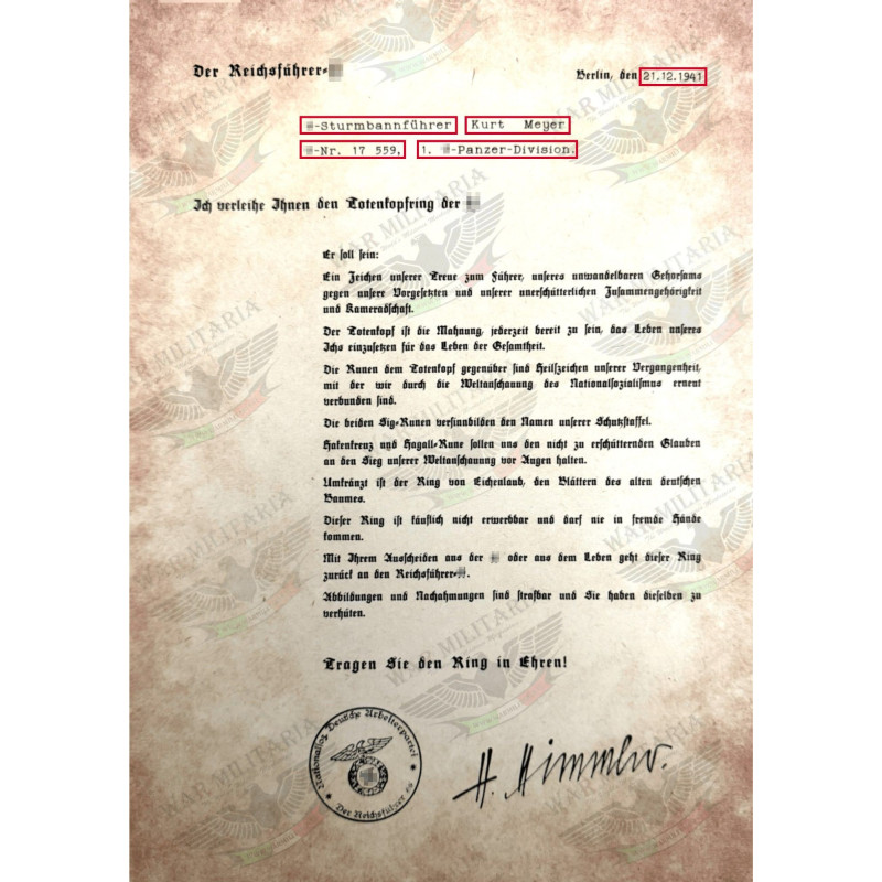 Lettera di Assegnazione del Totenkopfring - Personalizzato