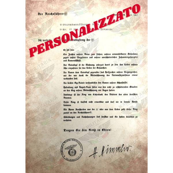 Lettera di Assegnazione del Totenkopfring - Personalizzato 2