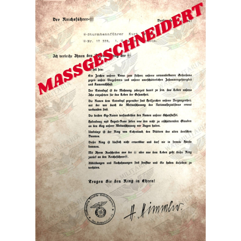 Lettera di Assegnazione del Totenkopfring - Personalizzato