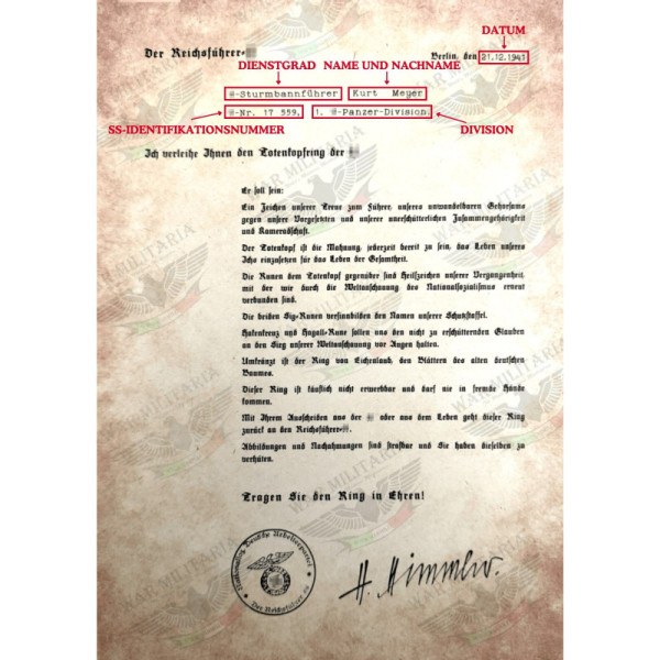 SS Honour Ring (Totenkopfring) Award Letter - Customised