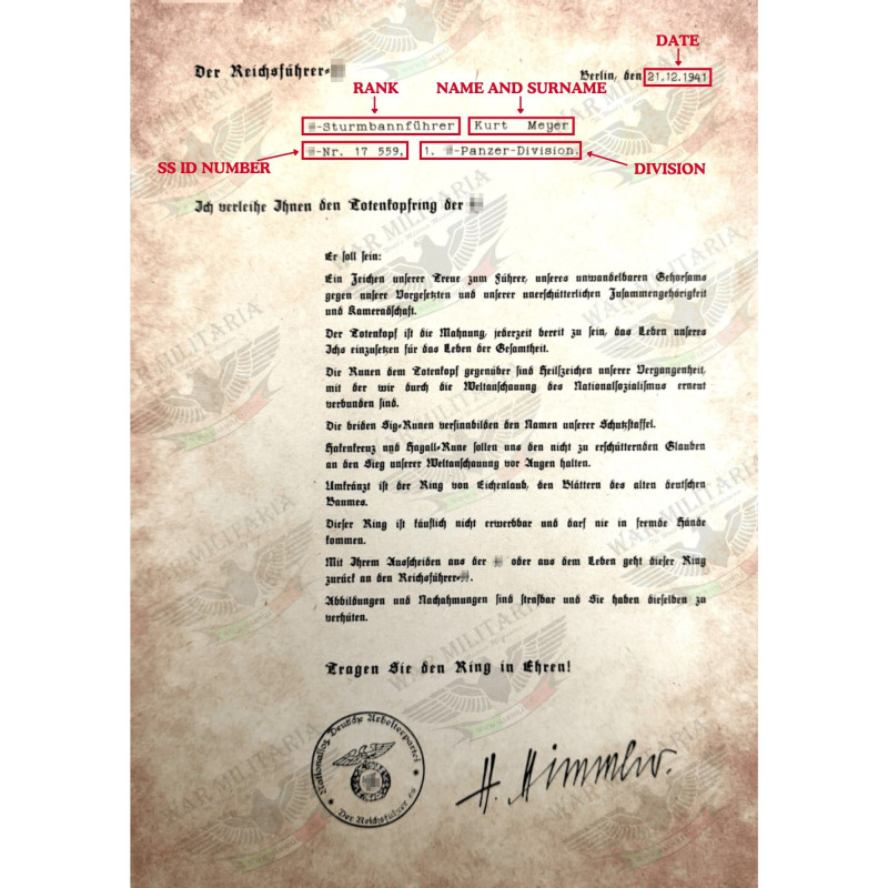 SS Honour Ring (Totenkopfring) Award Letter - Customised