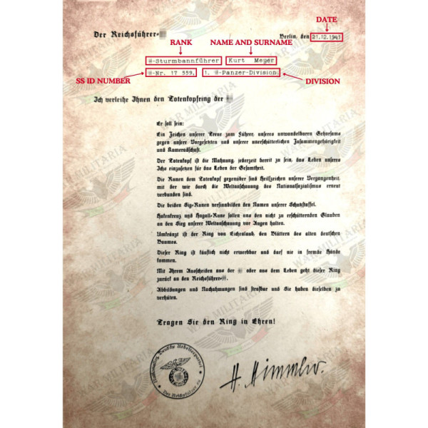 SS-Ehrenring (Totenkopfring) Auszeichnungsschreiben - Maßgeschneidert