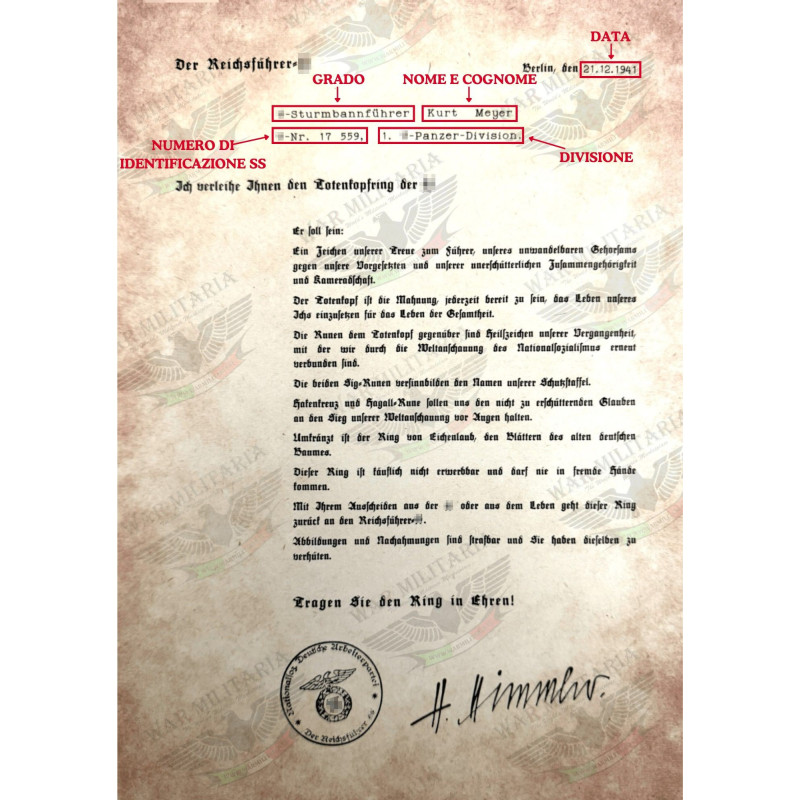 Lettera di Assegnazione del Totenkopfring - Personalizzato