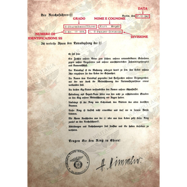 Lettera di Assegnazione del Totenkopfring - Personalizzato