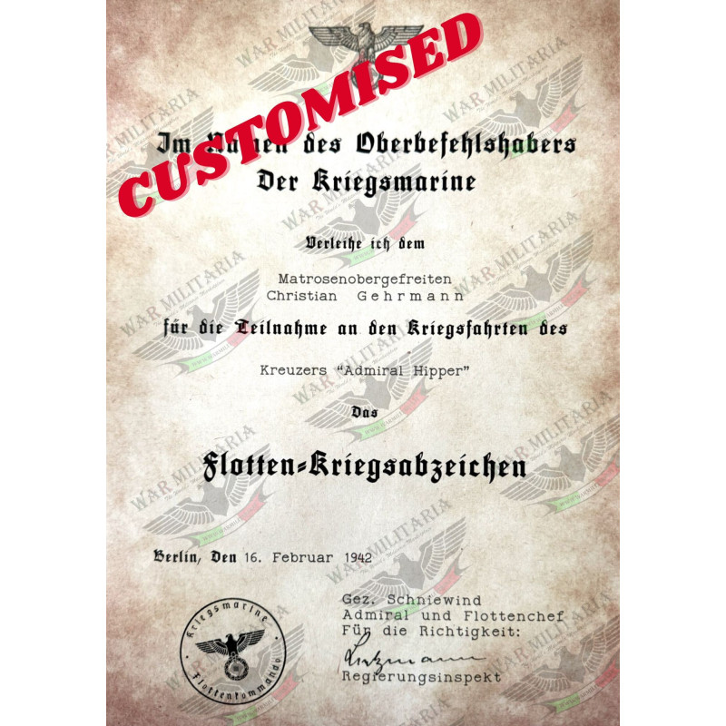 Lettera di Assegnazione del Distintivo di Guerra della Flotta d'Alto Mare - Personalizzato