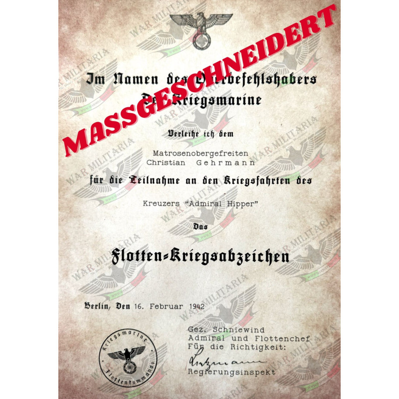Lettera di Assegnazione del Distintivo di Guerra della Flotta d'Alto Mare - Personalizzato