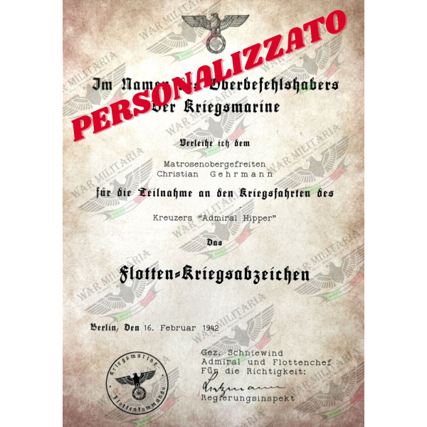 High Seas Fleet Badge Award Letter - Customised 2