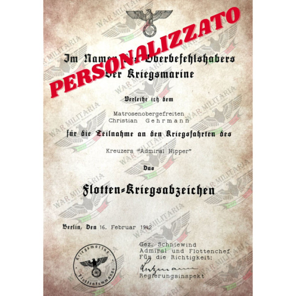 Lettera di Assegnazione del Distintivo di Guerra della Flotta d'Alto Mare - Personalizzato