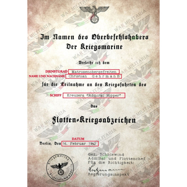 Lettera di Assegnazione del Distintivo di Guerra della Flotta d'Alto Mare - Personalizzato