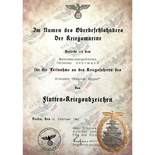 Lettera di Assegnazione del Distintivo di Guerra della Flotta d'Alto Mare - Personalizzato