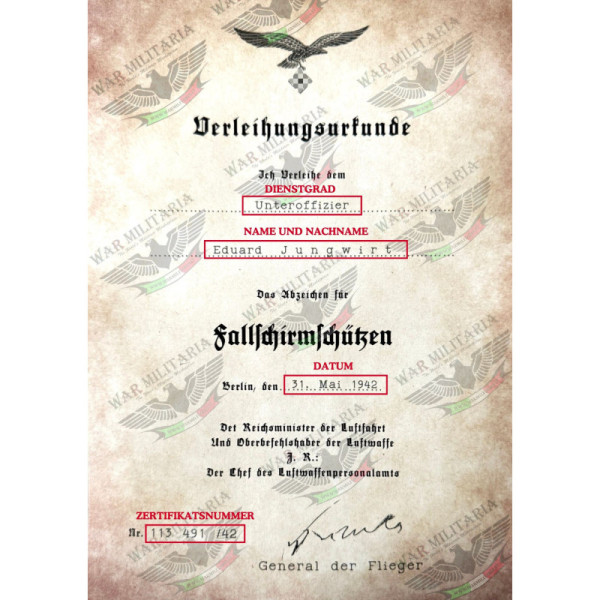 Fallschirmschützenabzeichen Auszeichnungsschreiben - Maßgeschneidert