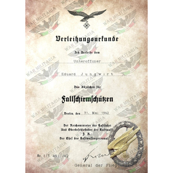 Fallschirmschützenabzeichen Auszeichnungsschreiben - Maßgeschneidert