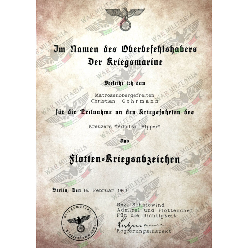 High Seas Fleet Badge Award Letter - Customised