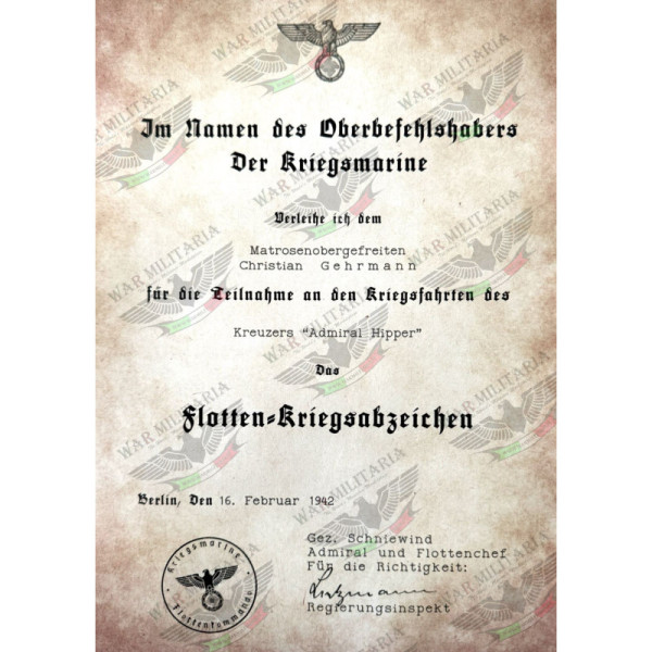 Flotten-Kriegsabzeichen Auszeichnungsschreiben - Maßgeschneidert