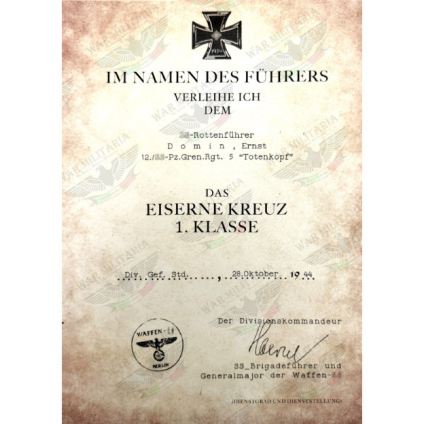 Eisernes Kreuz 1. oder 2. Klasse für SS-Mitglieder Auszeichnungsschreiben - Maßgeschneidert