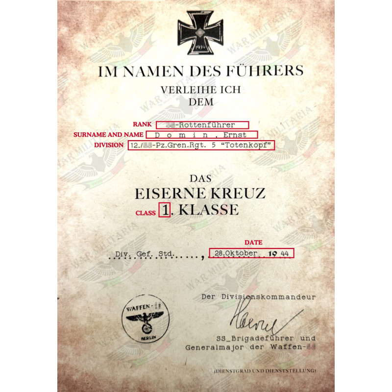 Lettera di Assegnazione Croce di Ferro 1ª o 2ª Classe per Membri delle SS - Personalizzato