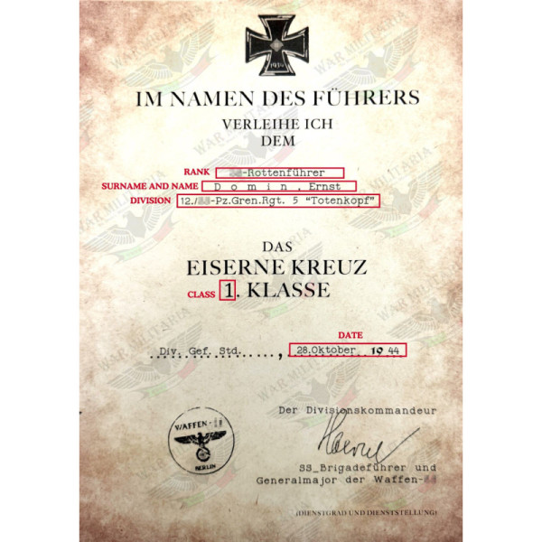 Eisernes Kreuz 1. oder 2. Klasse für SS-Mitglieder Auszeichnungsschreiben - Maßgeschneidert
