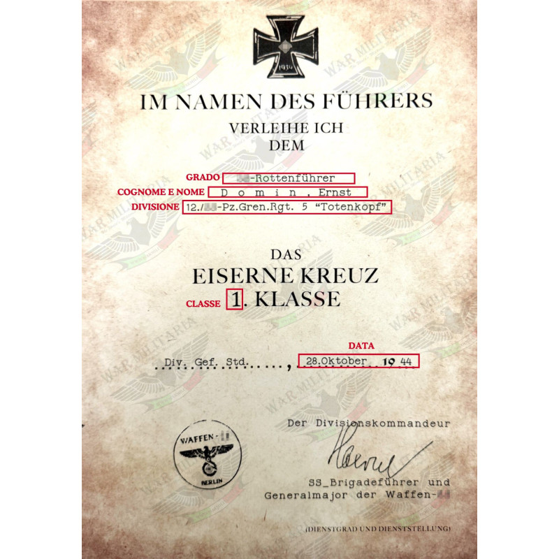 Eisernes Kreuz 1. oder 2. Klasse für SS-Mitglieder Auszeichnungsschreiben - Maßgeschneidert