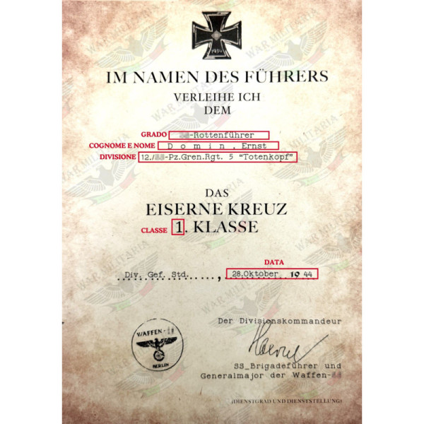 Iron Cross 1st or 2nd Class for SS Members Award Letter - Customised