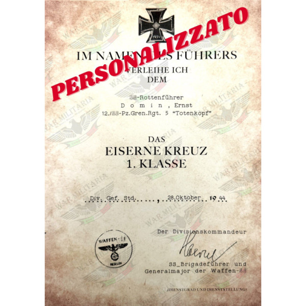 Lettera di Assegnazione Croce di Ferro 1ª o 2ª Classe per Membri delle SS - Personalizzato