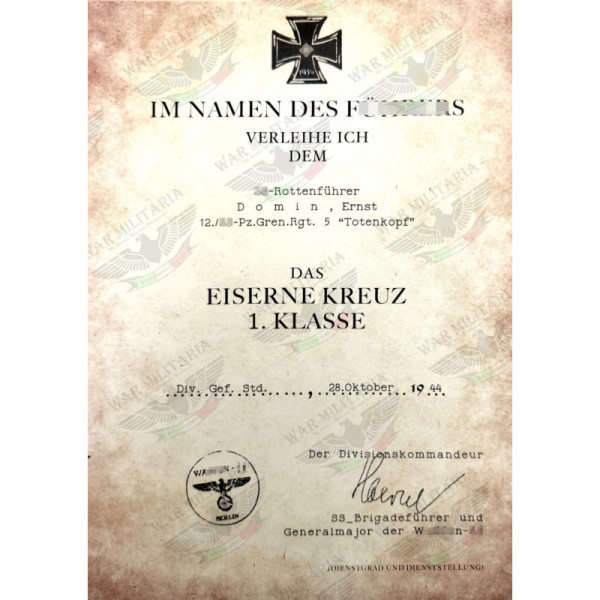 Iron Cross 1st or 2nd Class for SS Members Award Letter - Customised