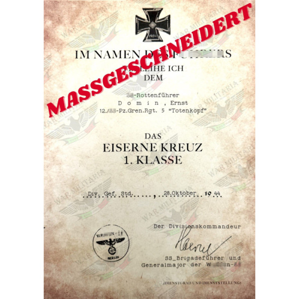 Lettera di Assegnazione Croce di Ferro 1ª o 2ª Classe per Membri delle SS - Personalizzato