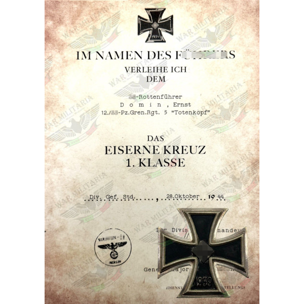 Iron Cross 1st or 2nd Class for SS Members Award Letter - Customised 2