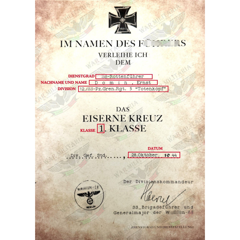 Eisernes Kreuz 1. oder 2. Klasse für SS-Mitglieder Auszeichnungsschreiben - Maßgeschneidert