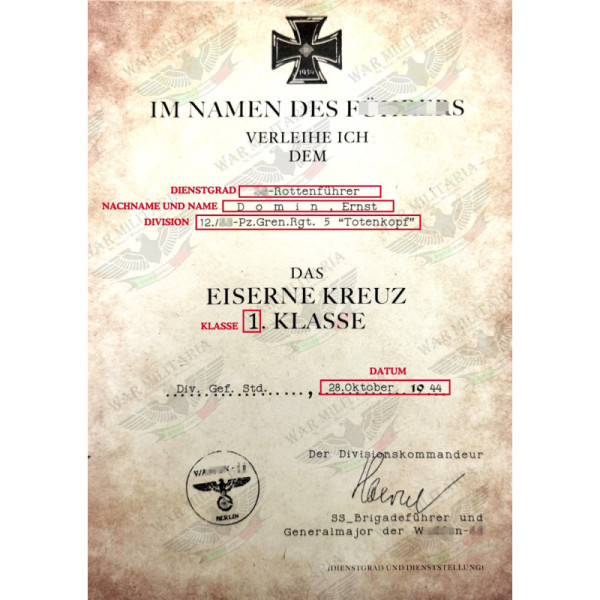 Iron Cross 1st or 2nd Class for SS Members Award Letter - Customised