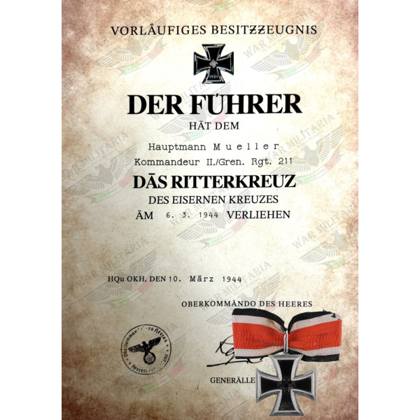 Ritterkreuz des Eisernen Kreuzes Auszeichnungsschreiben - Maßgeschneidert