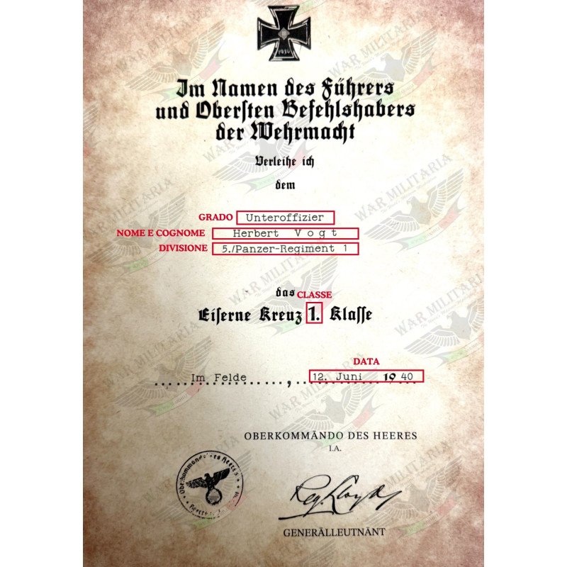 Eiserne Kreuz 1. oder 2. Klasse Auszeichnungsschreiben - Maßgeschneidert