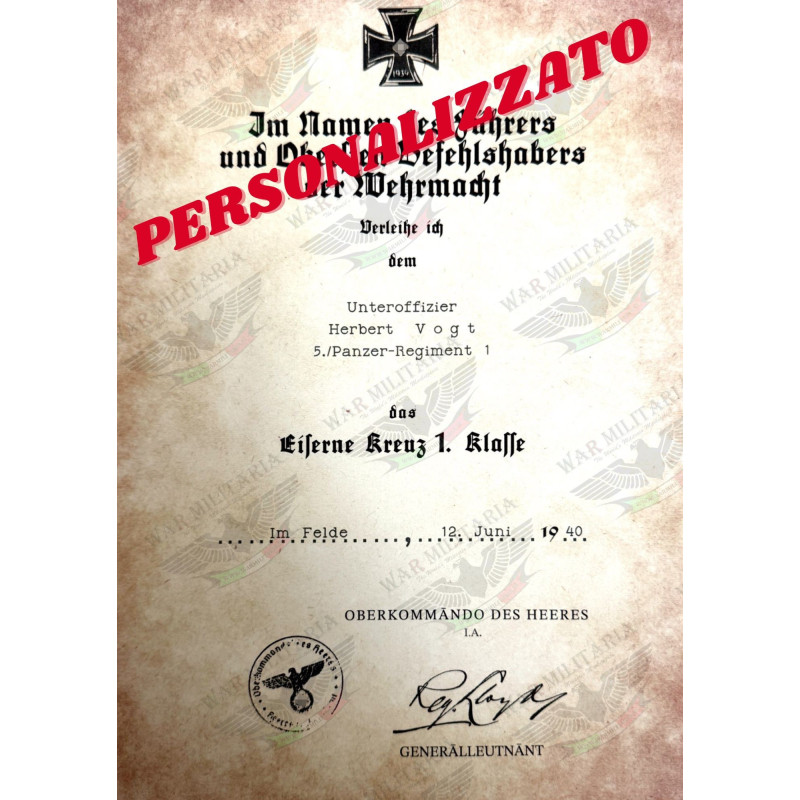 Lettera di Assegnazione Croce di Ferro 1ª o 2ª Classe - Personalizzato
