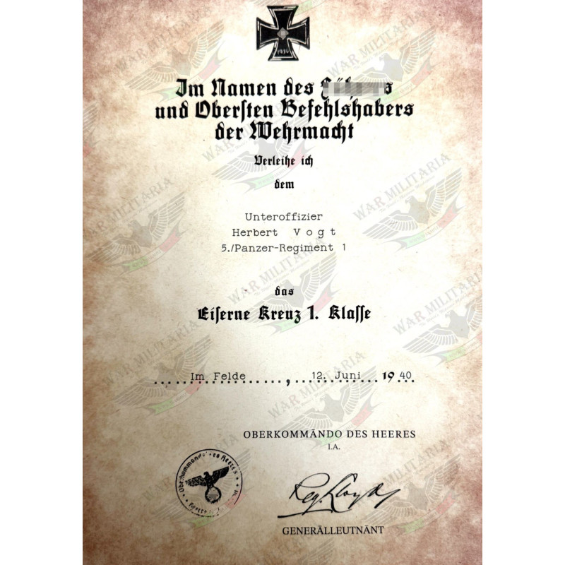 Iron Cross 1st or 2nd Class Award Letter - Customised