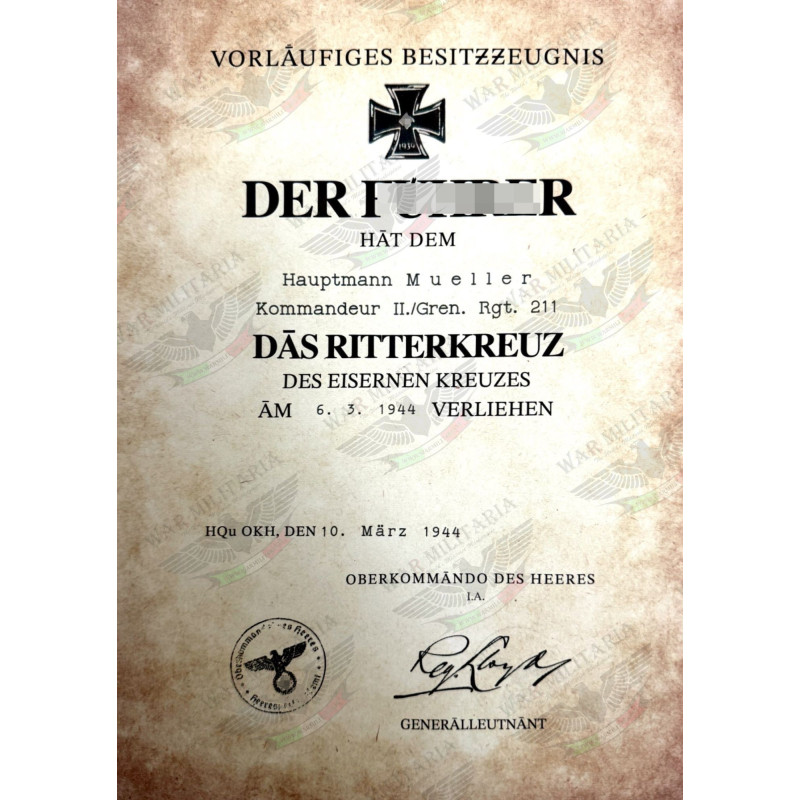 Ritterkreuz des Eisernen Kreuzes Auszeichnungsschreiben - Maßgeschneidert