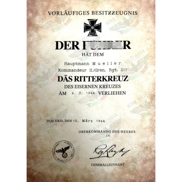 Ritterkreuz des Eisernen Kreuzes Auszeichnungsschreiben - Maßgeschneidert