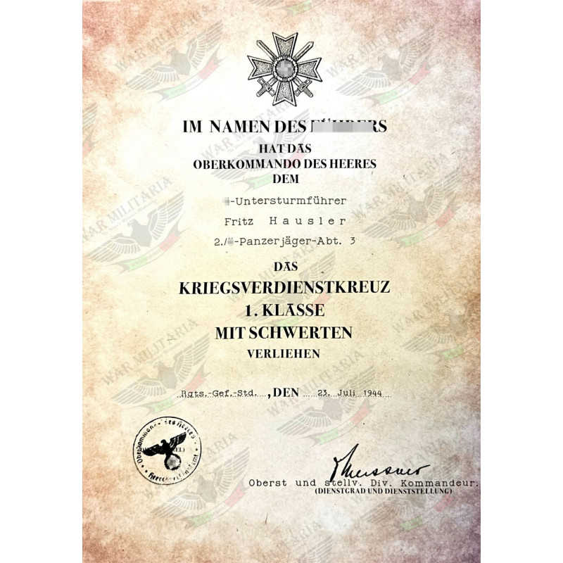 Kriegsverdienstkreuz 1. Klasse mit Schwertern Auszeichnungsschreiben - Maßgeschneidert