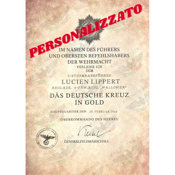 German Cross in Gold Award Certificate - Customised
