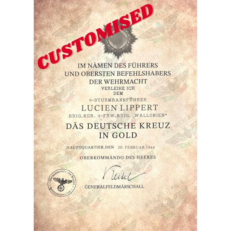 Certificato di Assegnazione Croce Tedesca in Oro - Personalizzato