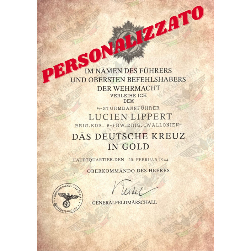 Certificato di Assegnazione Croce Tedesca in Oro - Personalizzato