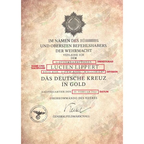 Certificato di Assegnazione Croce Tedesca in Oro - Personalizzato