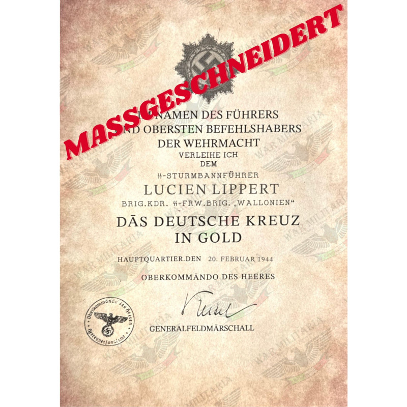 Certificato di Assegnazione Croce Tedesca in Oro - Personalizzato