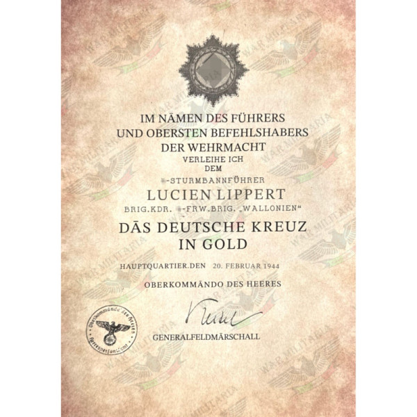 German Cross in Gold Award Certificate - Customised