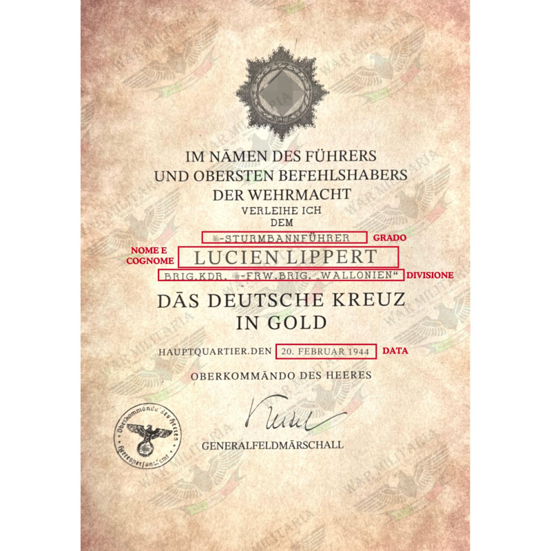 Certificato di Assegnazione Croce Tedesca in Oro - Personalizzato