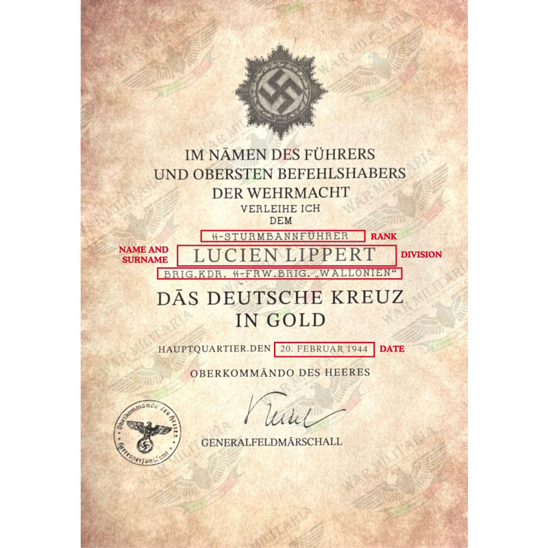 Deutsches Kreuz in Gold Urkunde - Maßgeschneidert
