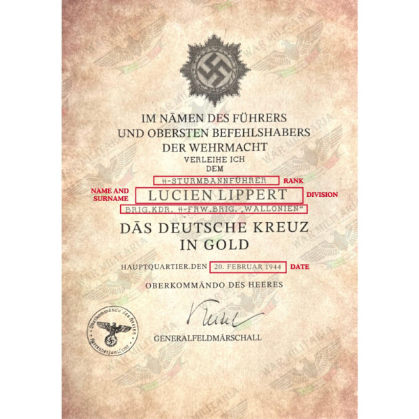 Certificato di Assegnazione Croce Tedesca in Oro - Personalizzato