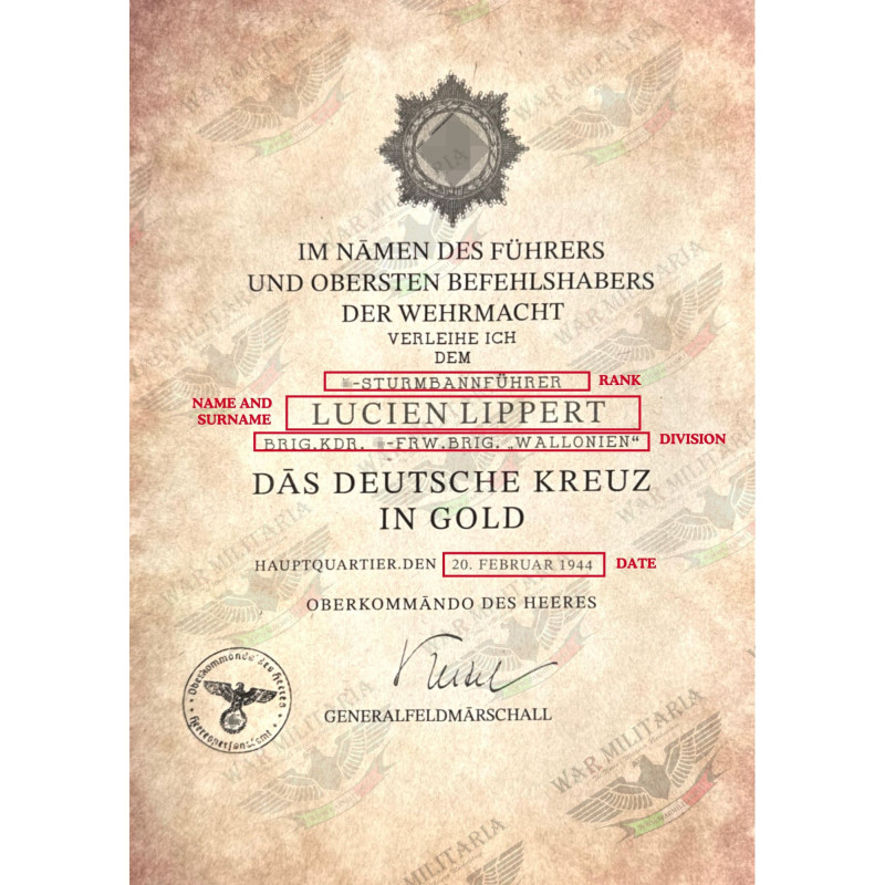 Deutsches Kreuz in Gold Urkunde - Maßgeschneidert